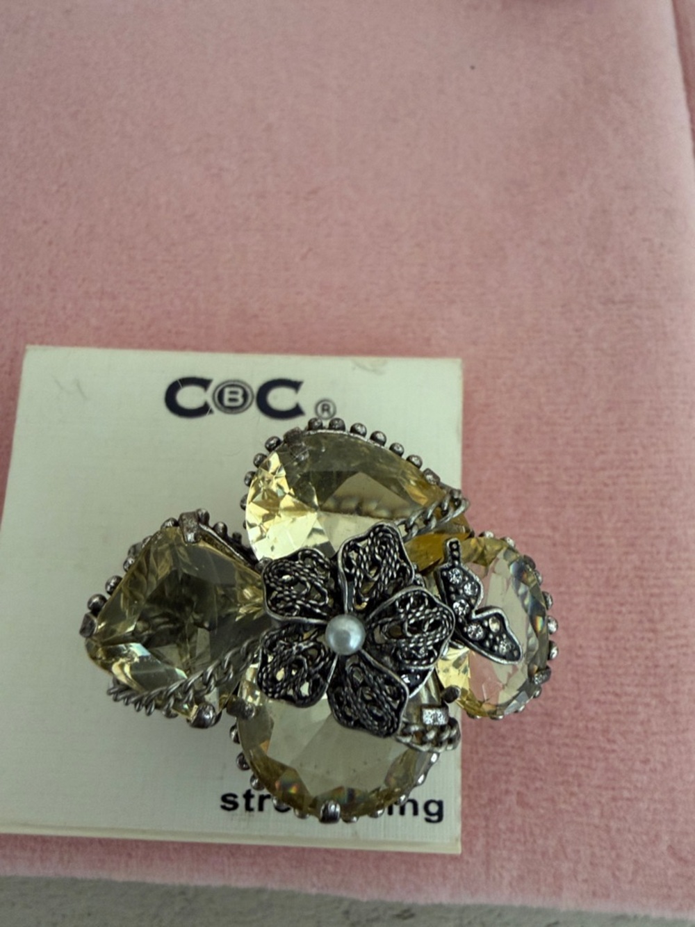 C.C Yellow Crystal Floral Ring with Silver Filigree and Pearl